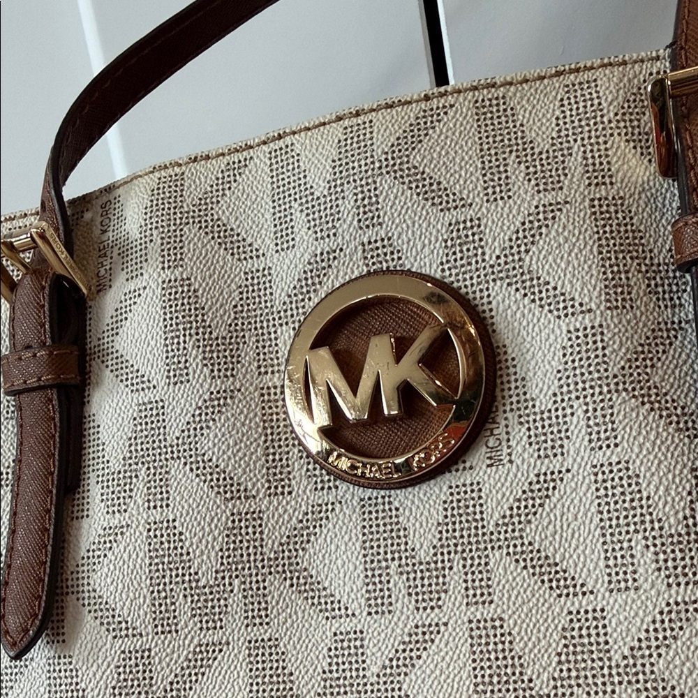 Michael Kors Cream and Brown Tote Bag coated leather gold purse handbag MK - Picture 11 of 11
